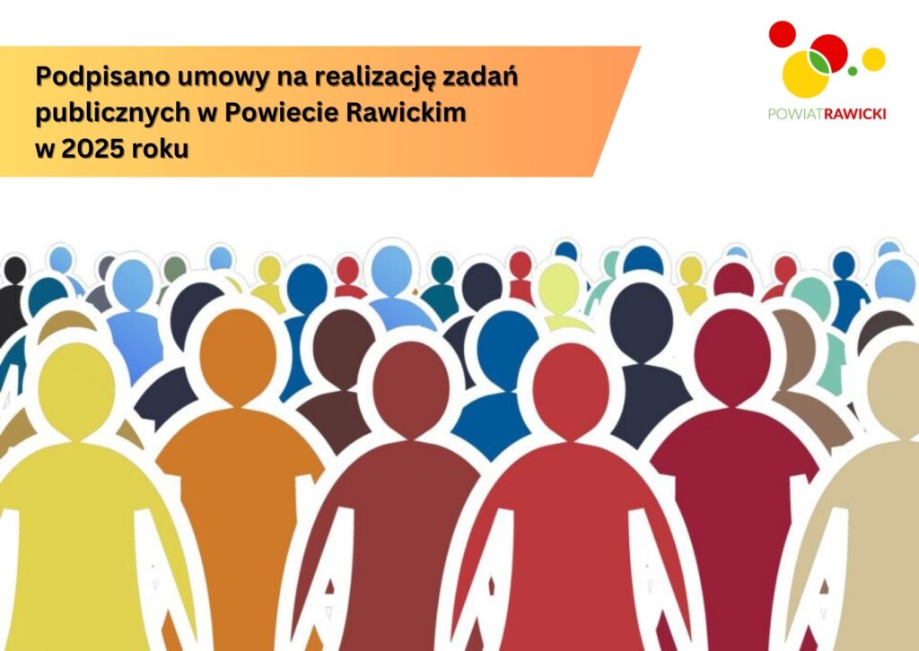 Podpisanie umów. Na grafice znajdują się kolorowe postacie. W prawym rogu logo Powiatu Rawickiego.
