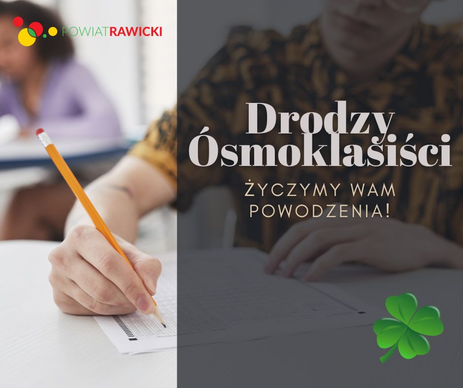 połowę grafiki zajmuje napis a połowę formularz egzaminu i ołówek w dłoni